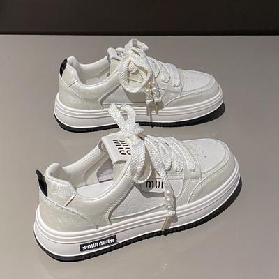 2024 Новые женские кожаные туфли на плоской подошве Осенняя мода Дышащие Вулканизированные Белые Спортивные На шнуровке На толстой подошве Повседневные туфли для женщин