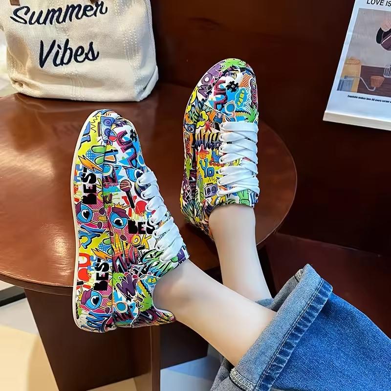 Женские повседневные кроссовки с росписью граффити на шнуровке, спортивная обувь для женщин, плоские женские кроссовки для бега, модные новинки