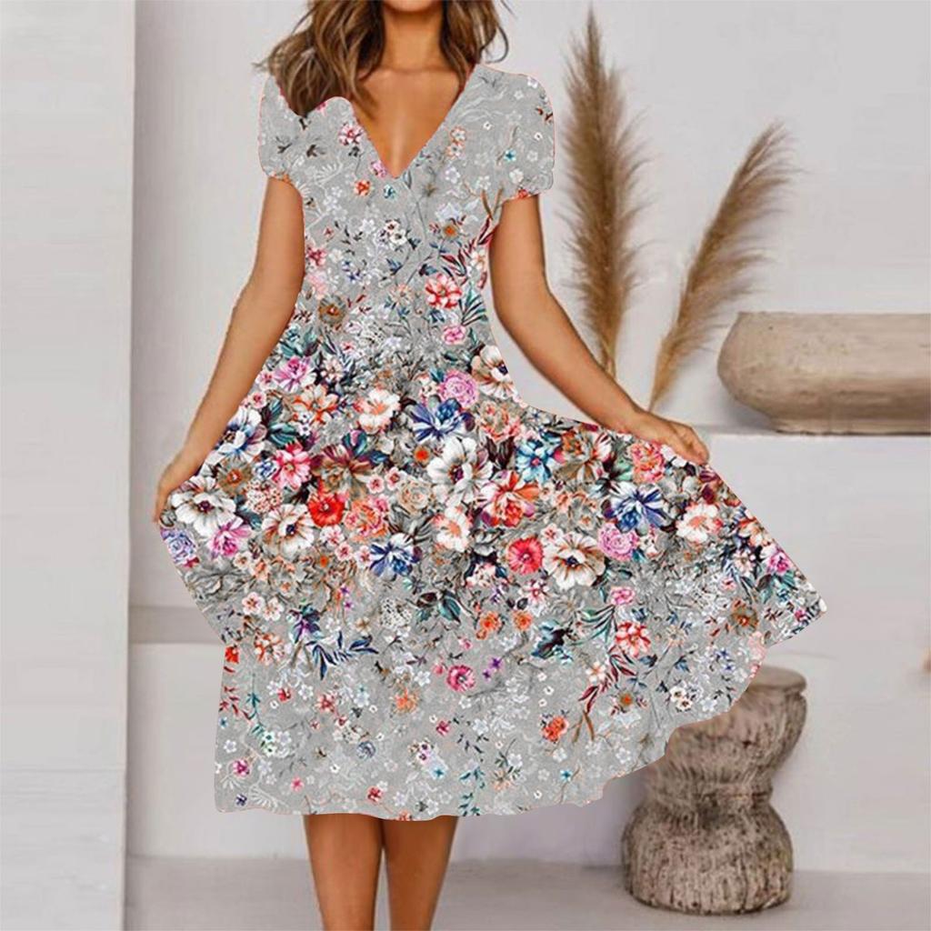 Women's Summer Casual Fashion Floral Print Short Sleeve V-Neck Swing Dress