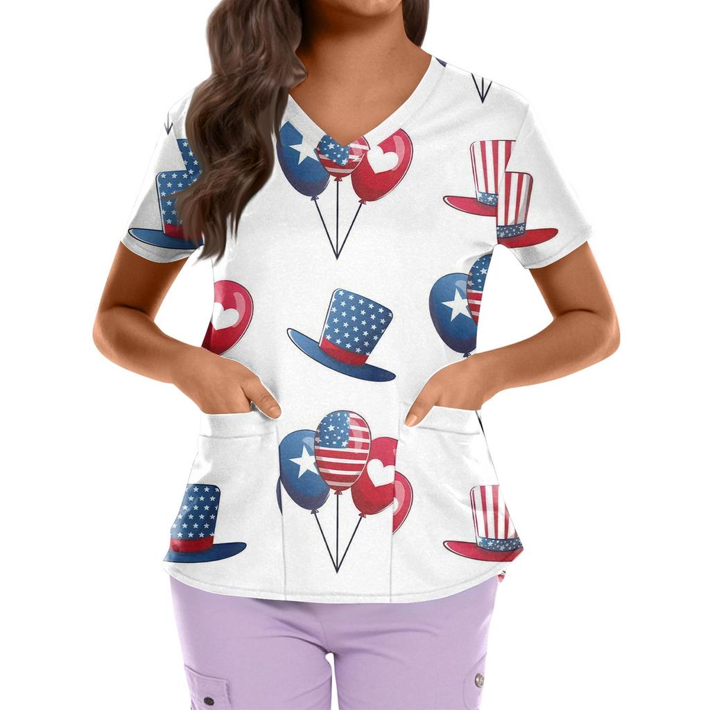 Plus Size Printed Scrub Working Uniform Tops For Women's Cross V Neck Independence Day Print Short Sleeve Fun T-Shirts Workwear Tee With Pockets