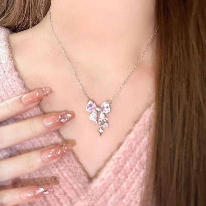 Elegant Pink Bowknot Necklace Women Fashion Jewelry Alloy Texture Elegant Women Necklace Suitable for Comfortable Wear