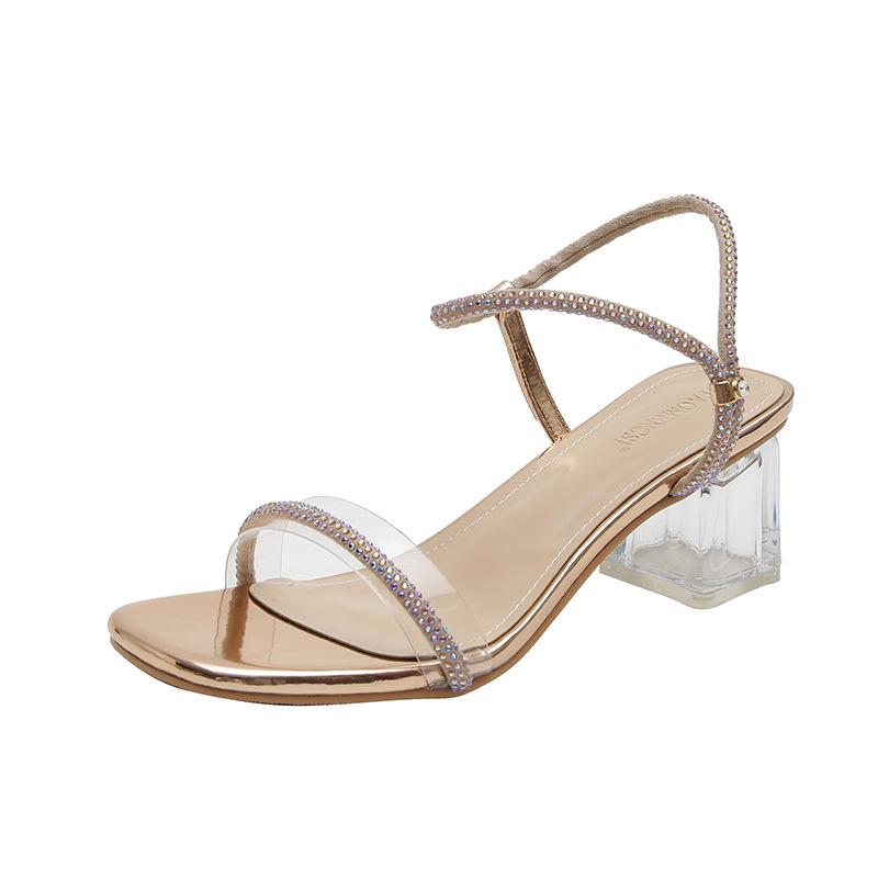 Сандалии на высоком каблуке. Женские летние новые модные туфли со стразами и поясом в одно слово. Женская обувь с квадратным носком на толстом каблуке и неглубоким носком.