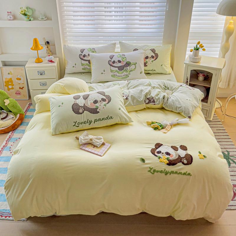 Cute Pink Cartoon Cat Towel Embroidery Girls Kids Bedding Set Soft Washed Cotton Duvet Covers Set Bed Sheet Pillowcases 3/4Pcs
