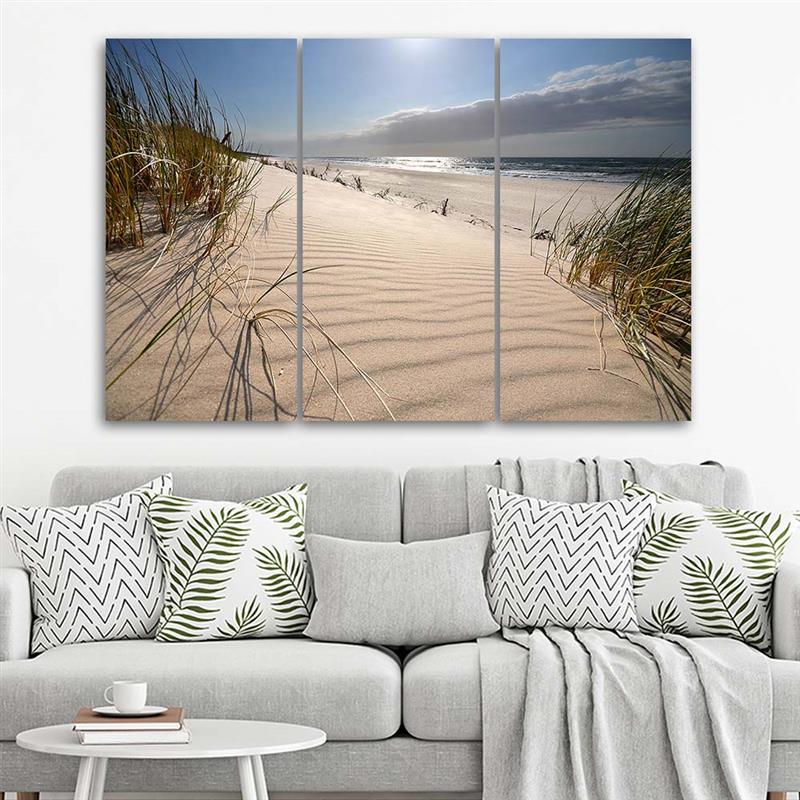 Feeby Three piece picture canvas print, Dunes on a beach