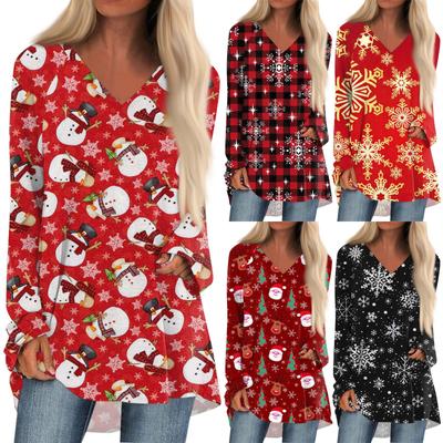 Женская осенне-зимняя повседневная длинная свободная футболка с v-образным вырезом и рождественским принтом, топ