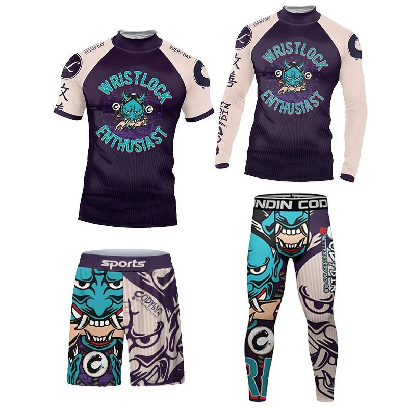 Mens Quick-Dry Printed Stretch Athletic Compression Set - Short Sleeve T-Shirt Long Pants Gym Basketball Outdoor Fitness