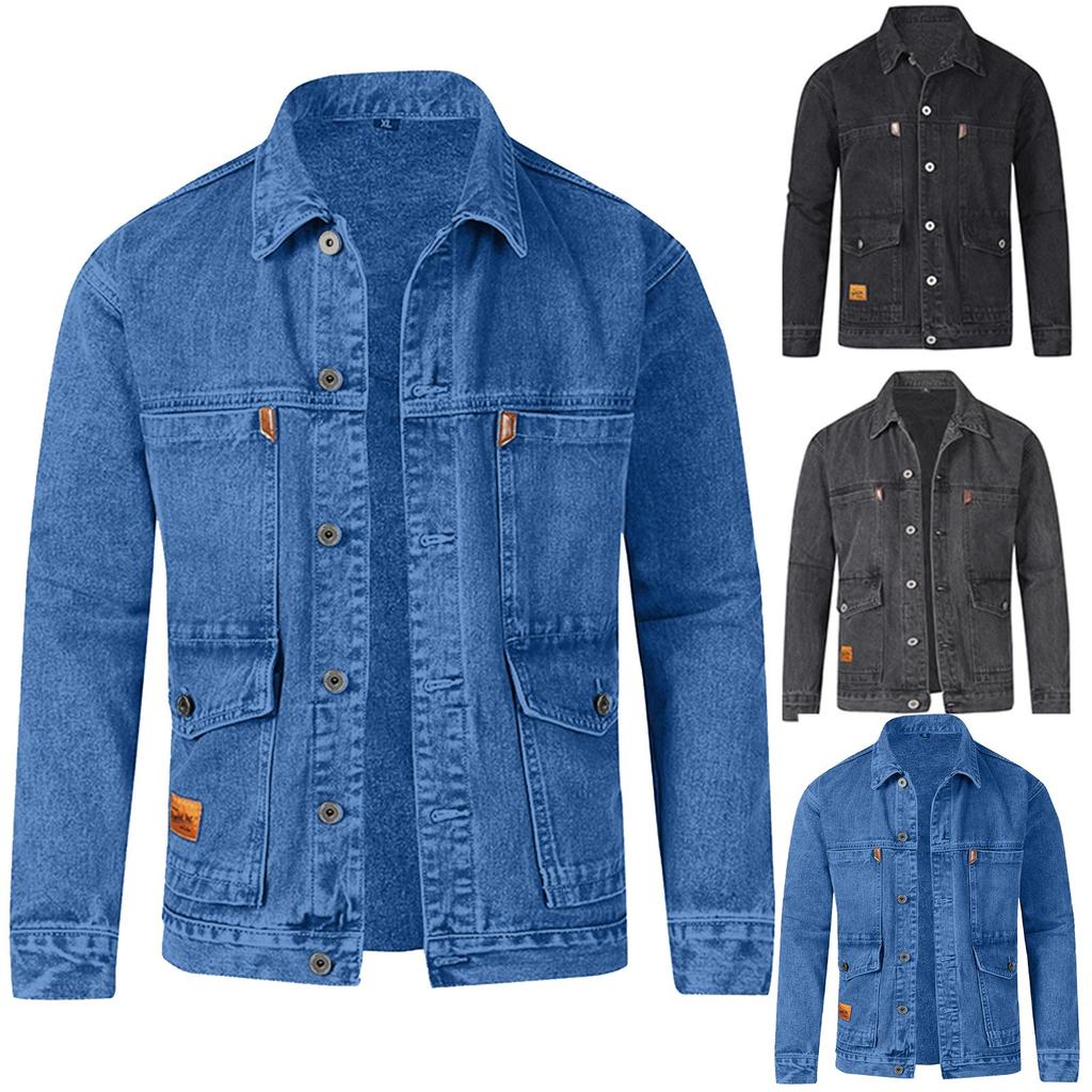 Men's Casual Workwear Long Sleeve Lapel Collar Denim Jacket Loose Multi Pocket Jacket Denim