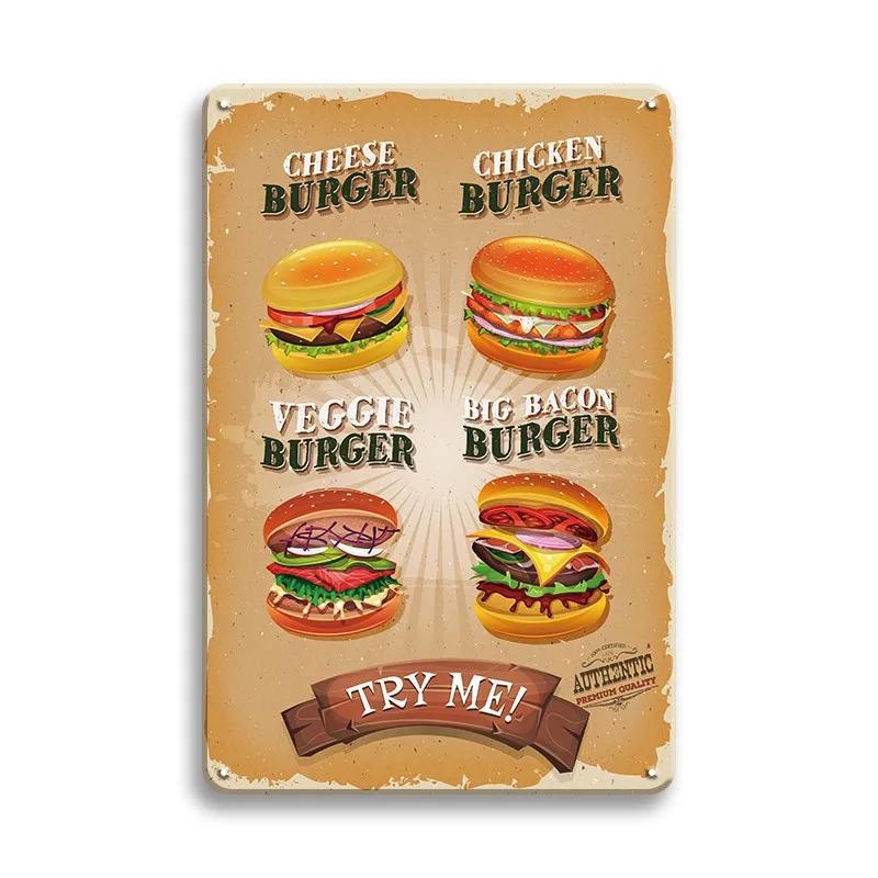 Hot Dog Fresh Hamburgers Metal Signs BBQ Vintage Posters Home Kitchen Wall Decor Iron Plate Painting Fast Food Shop Plaques