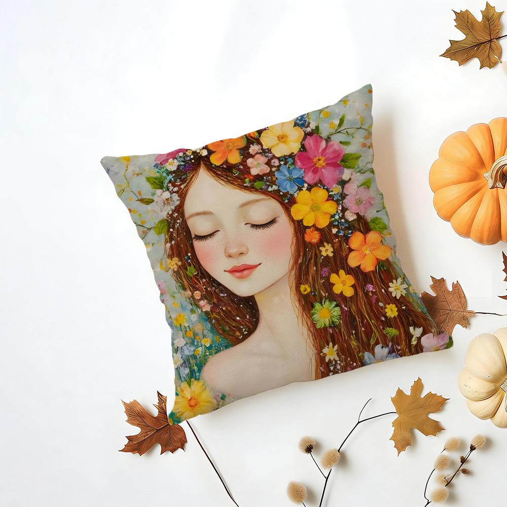 Casual Romantic Dreamy Flowers Girl Hairs Cushion Cover Washable Linen Pillowcase Soft for Daily Sofa Bed Home Room Decor