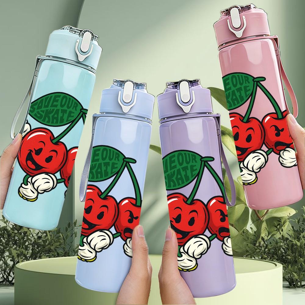 1PC Cherry Fruit Berry Design 750ml Color Plastic Sports Water Bottle Leakproof Flip Straw Lid Suitable for Sports Office Home Use