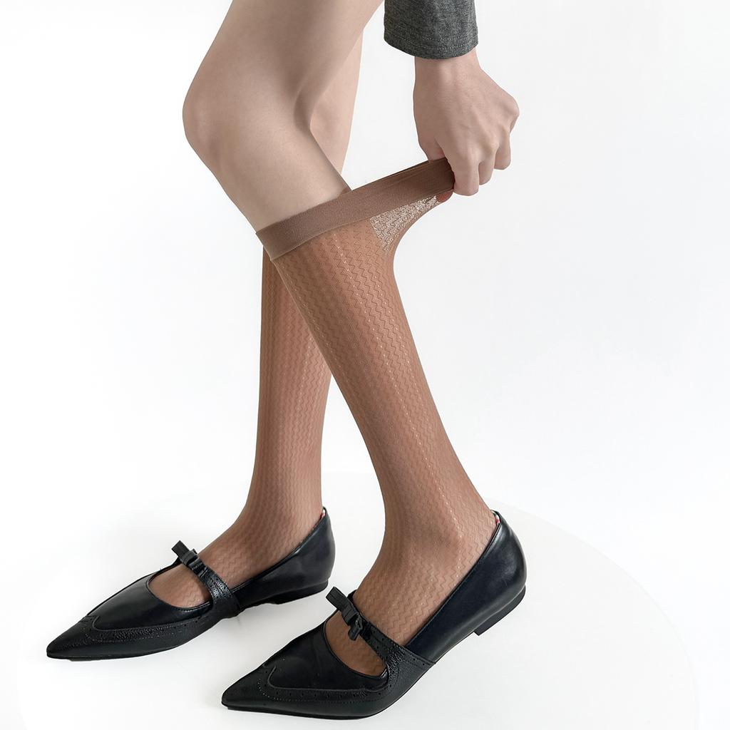 Summer Thin Nylon Japanese-Style Highly Elastic Water-Wave Hollowed-Out Mid-Calf Socks Vertical Stripe Lace Retro Slightly