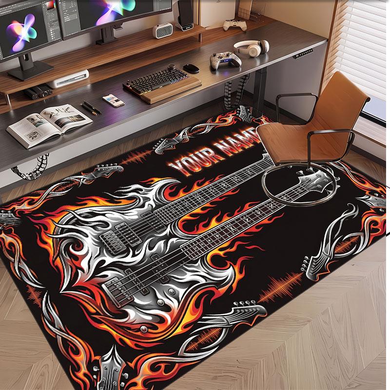 Music Guitar Theme Soft Crystal Velvet Rug Custom Name & Text Print Non Slip Floor Rug for Bedroom Living Room