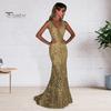 Women Evening Dress Deep V Neck Slim Fit Backless Sleeveless Shiny Sequin Fishtail Hem Floor Length Maxi Dress Prom Party Ball Gown