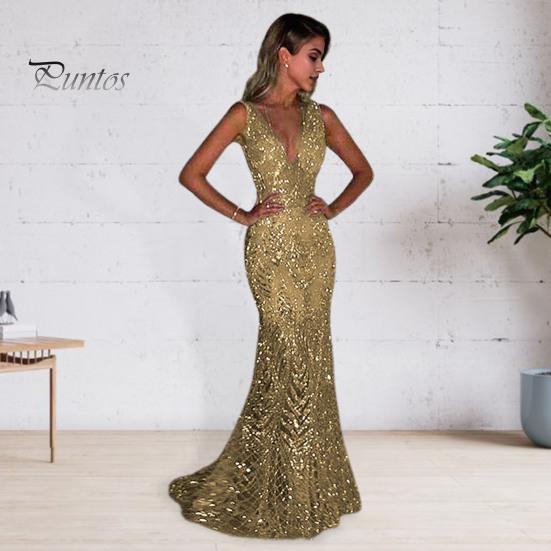 Women Evening Dress Deep V Neck Slim Fit Backless Sleeveless Shiny Sequin Fishtail Hem Floor Length Maxi Dress Prom Party Ball Gown