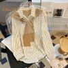Women Shirt Lapel Long Sleeve Vertical Striped Fake Two-Piece Design Shawl Back Shirt Loose Fit Buttons Placket Shirt Tops