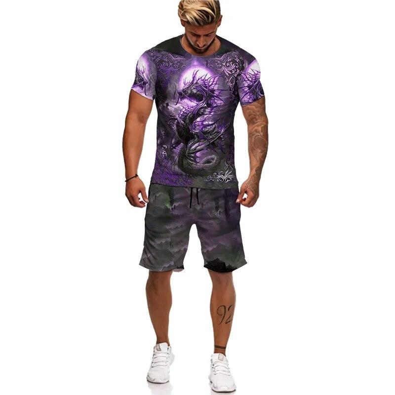 Мужская футболка/костюм с 3D принтом Flying Dragon Totem Art, летний крутой топ с короткими рукавами + шорты, комплект, готический спортивный костюм в стиле хип-хоп