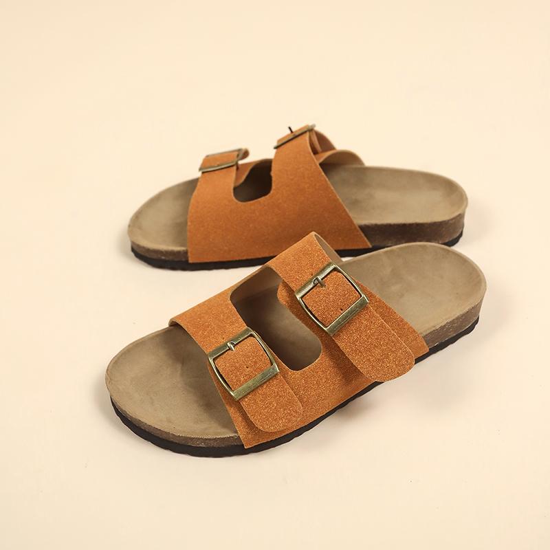 Fashion 2024 New Summer Women's Cork Slippers Casual Beach Double Buckle Non-slip Outside Nubuck Leather Slip On Slides Shoe for Women