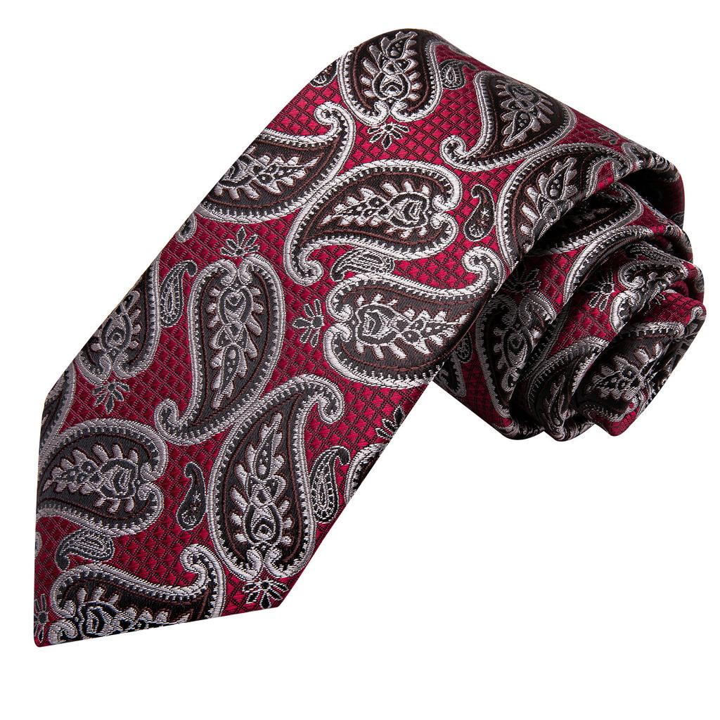 Hi-Tie Fashion Mens Wine-Red Paisley Necktie Hanky Cufflinks for Business Wedding