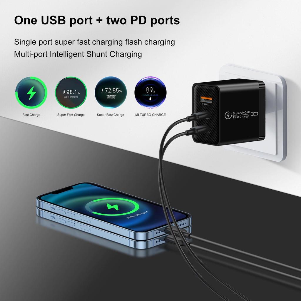 Быстрое зарядное устройство на 3 порта с двумя PD+USB для Huawei, Samsung, Apple - EU/UK Стандартная головка для быстрой зарядки