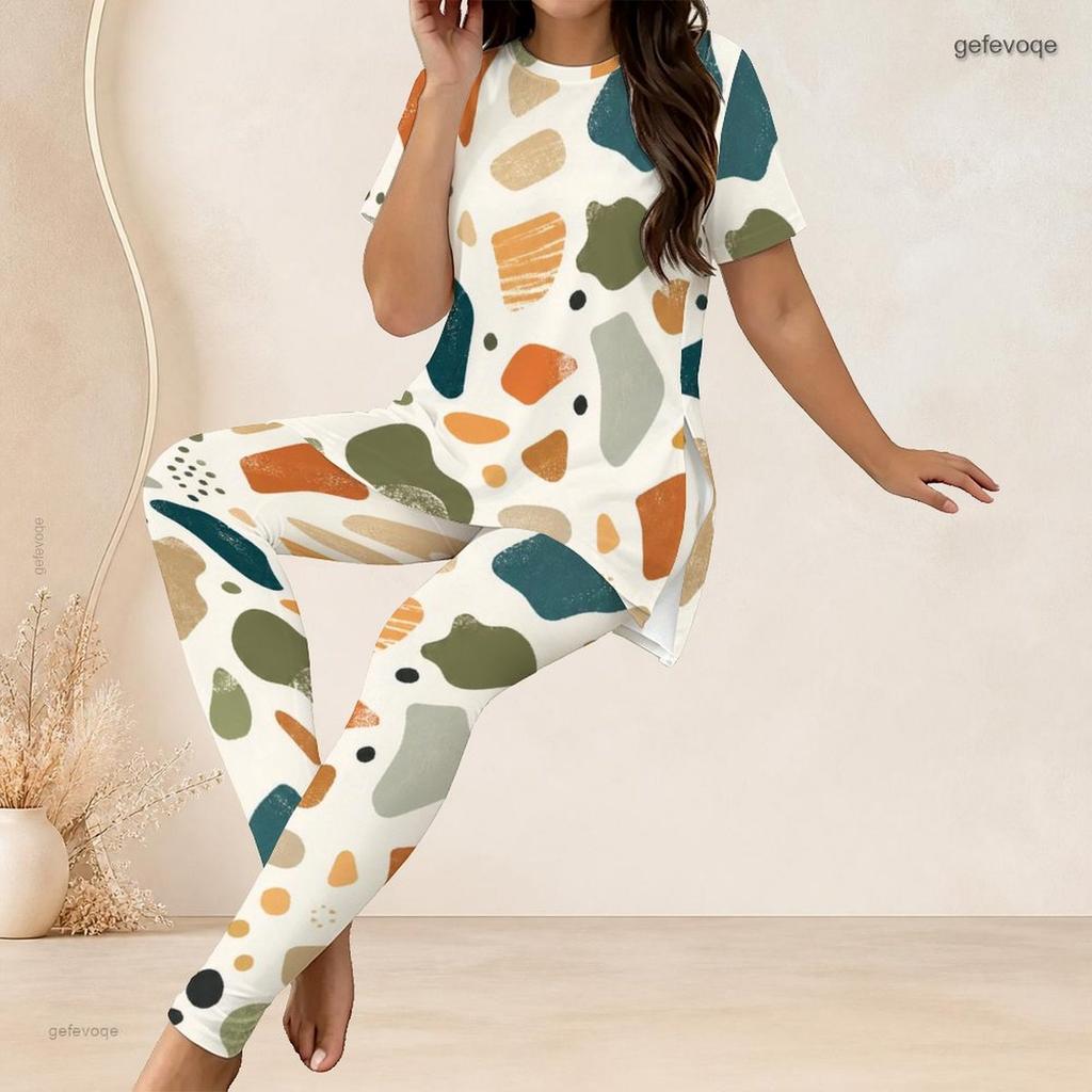 Women Plus Size Geometric Printed Round Neck Short Sleeve Long Top Fitted Pants Two Piece Set