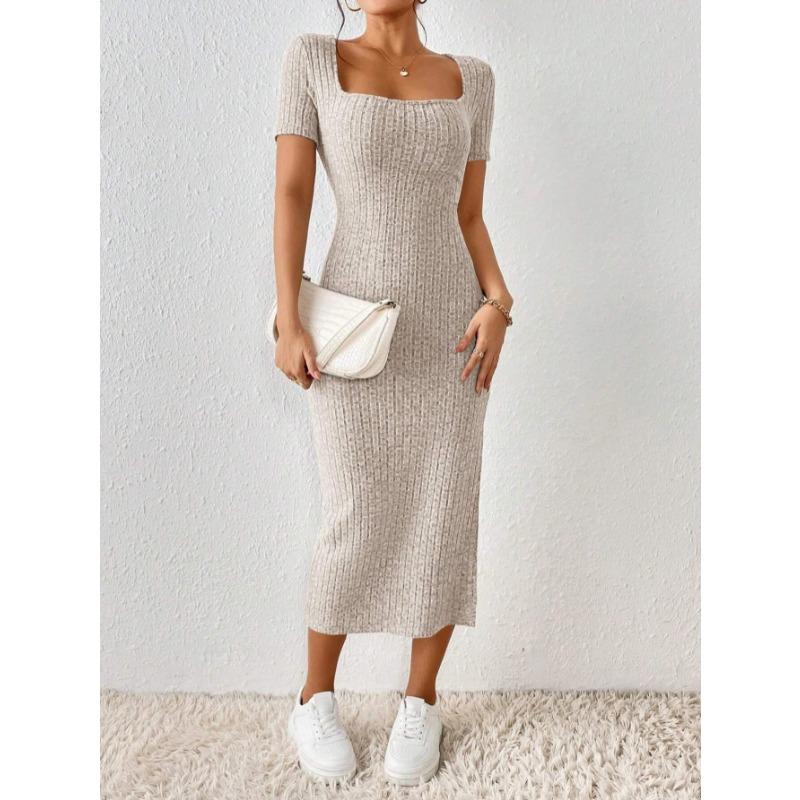 2023 European and American New Independent Station Amazon Hot French Square Collar Side Split Rib Knitted Short-sleeved Dress