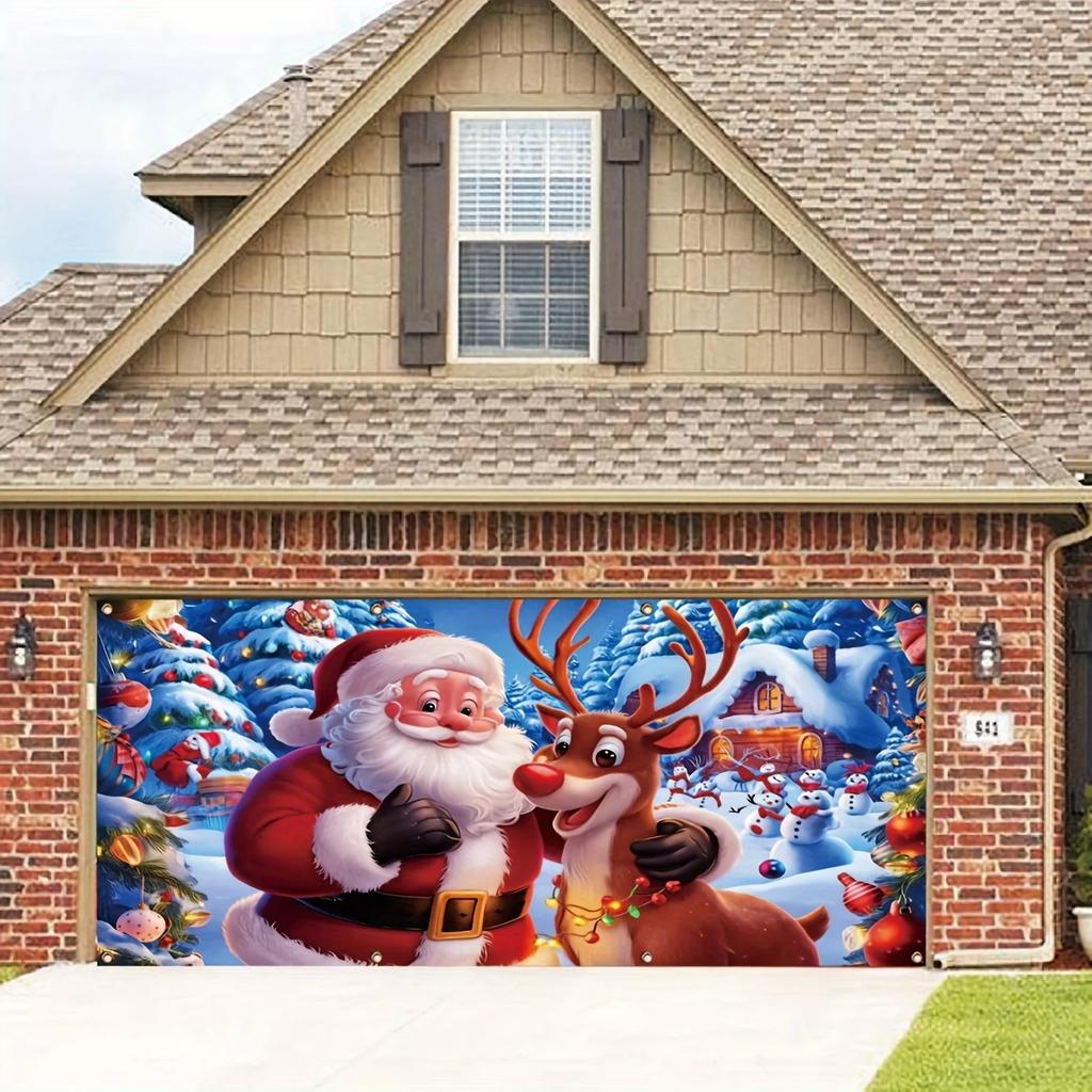 Holiday Santa Claus and Reindeer Large Outdoor Decor Banner - 157x71 inches Polyester Fiber No Power SupplyZL