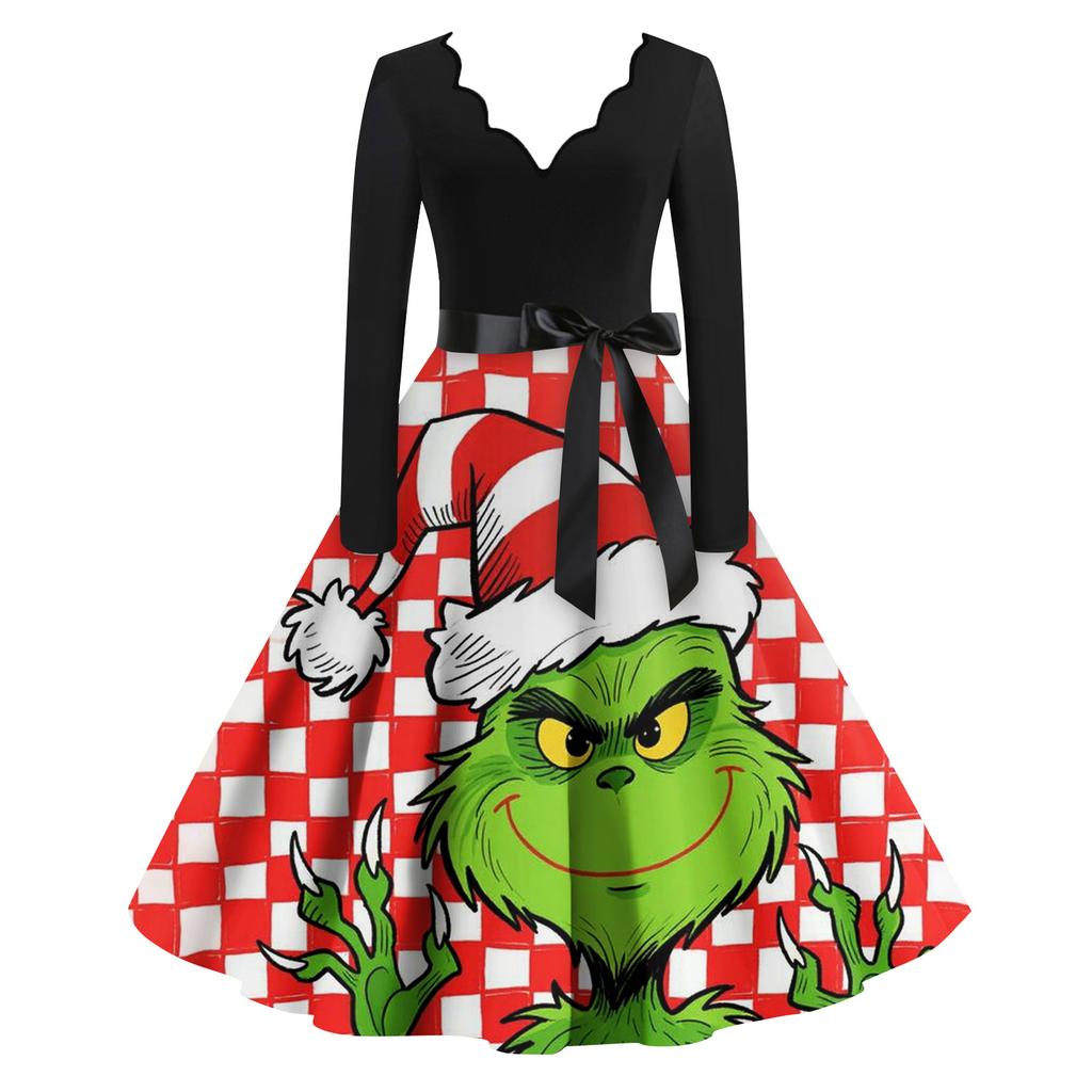 Женское модное ретро платье с длинным рукавом, квадратным вырезом, рождественским принтом, вечернее платье