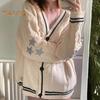 Women Sweater Coat V-neck Long Sleeve Single Breasted Knitting Cardigan Patchwork Color Embroidery Star Pattern Loose Fit Knitwear