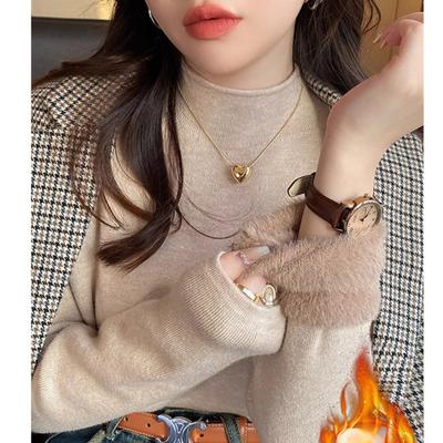 White Knitted Fleece Lined Half High Collar Sweater Women's Fashion Autumn Winter Inner Wear Base Shirt Integrated Fleece Top