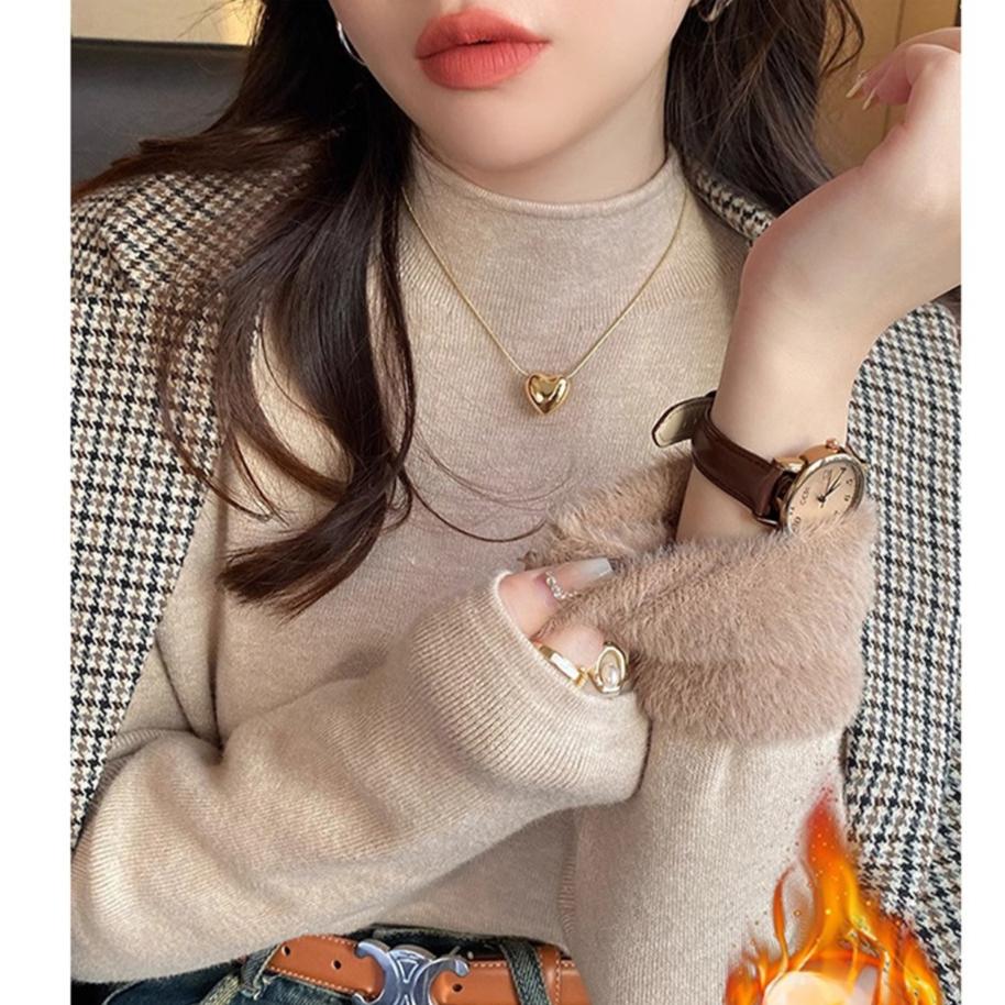 White Knitted Fleece Lined Half High Collar Sweater Women's Fashion Autumn Winter Inner Wear Base Shirt Integrated Fleece Top