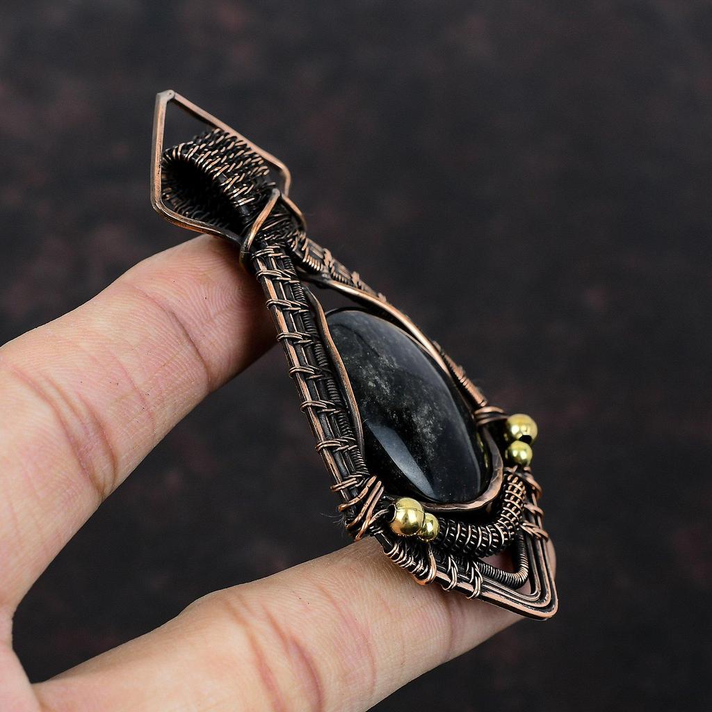 Серебряный блестящий обсидиановый кулон, медная проволока, обернутая кулоном, драгоценный камень, медные украшения, ручная работа, дизайнерский кулон, проволочная обертка, ювелирное изделие, подарок для нее