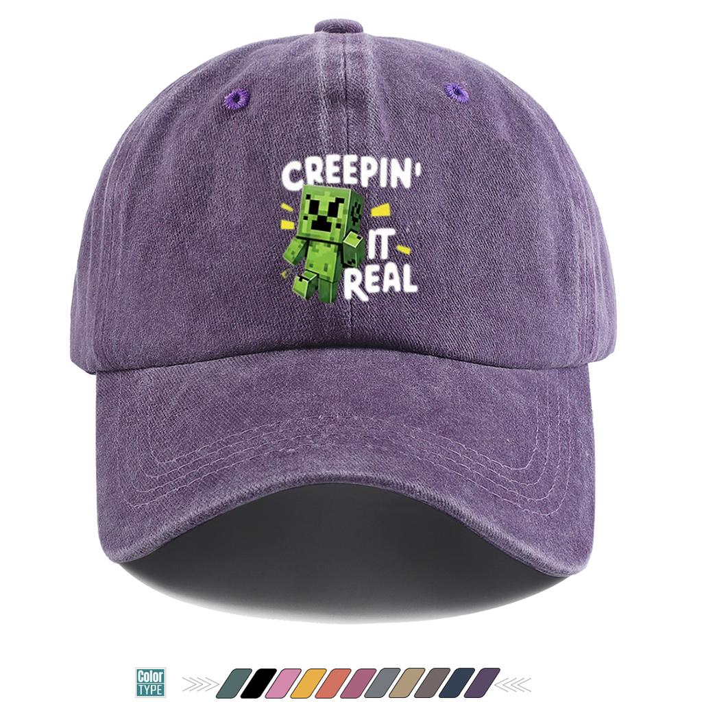 pc blockbased Game Creeper Print Baseball Cap Creative Pixel Art Style Green Crawler Pattern Fun English CREEPIN IT REAL
