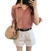 Женская рубашка в полоску со шнуровкой и короткими рукавами, женская свободная повседневная рубашка, топы больших размеров, винтажная базовая офисная повседневная женская рубашка, удобная одежда