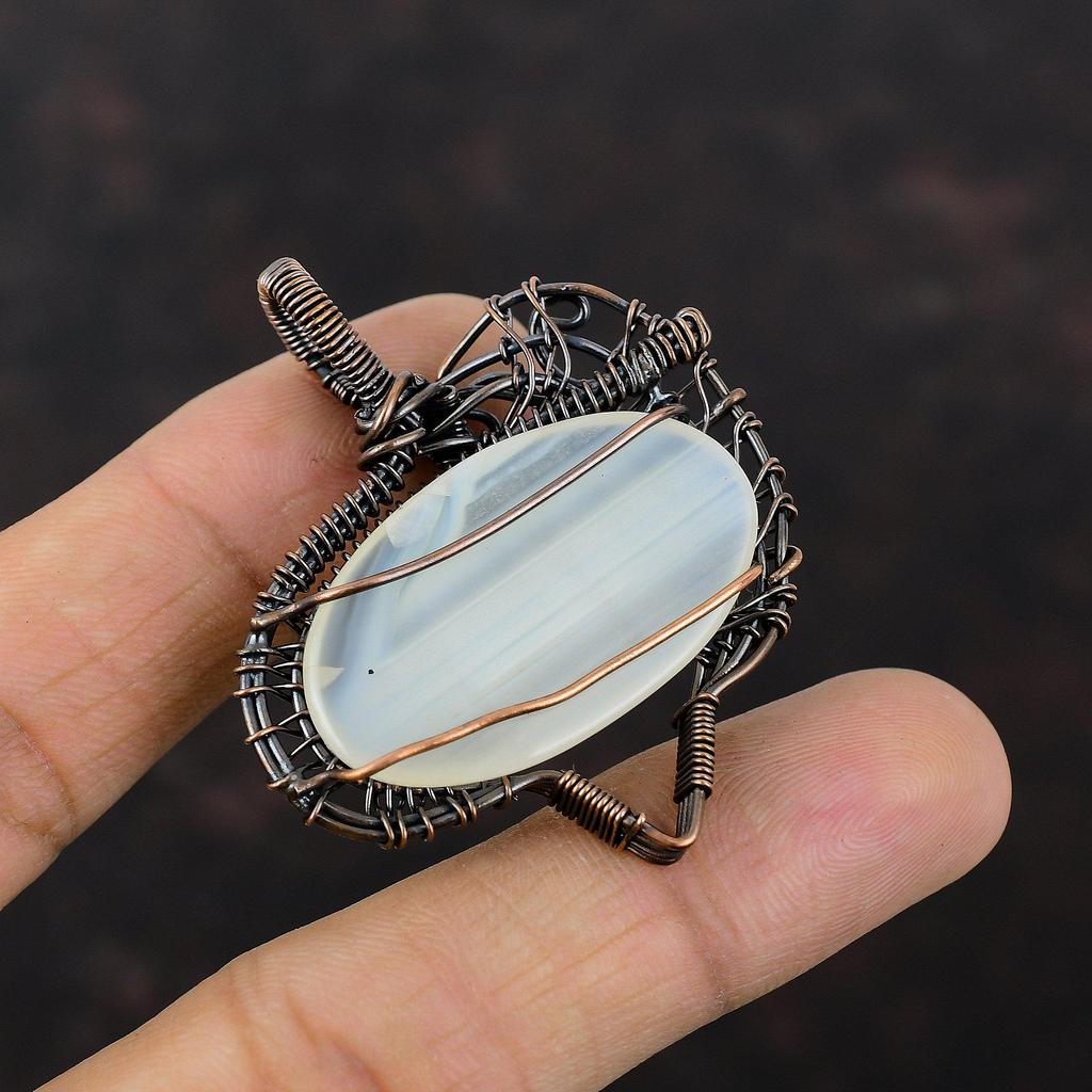 Mexican Laguna Lace Agate Pendant Copper Wire Wrapped Pendant Handmade Decent Jewelry Gemstone Pendant Copper Wire Wrap Jewelry Gift For Mom