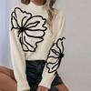 Women's Mock Neck Long Sleeve Knit Sweater Loose Fit Floral Embroidery Pullover