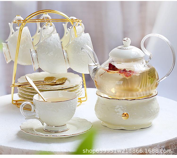 English Light Luxury Floral Teapot Set with Candle Heating Base - Heat-Resistant Glass for Afternoon Tea