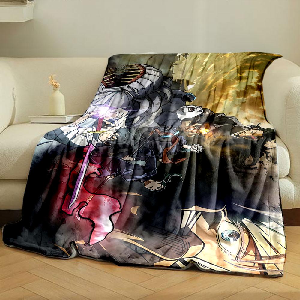 Action-packed anime scene with characters battling amidst a dramatic sky. for all seasons blanket lunch break throw gift