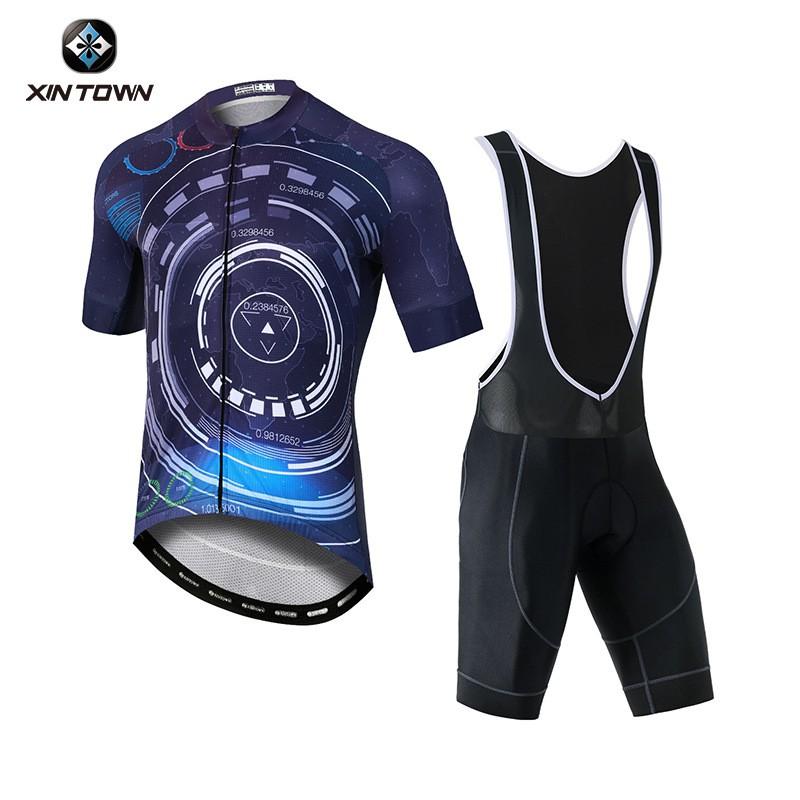 Mens Cycling Jersey Bib Shorts Set Breathable Quick-Dry Short Sleeve Bike Outfit Blue Engine Design