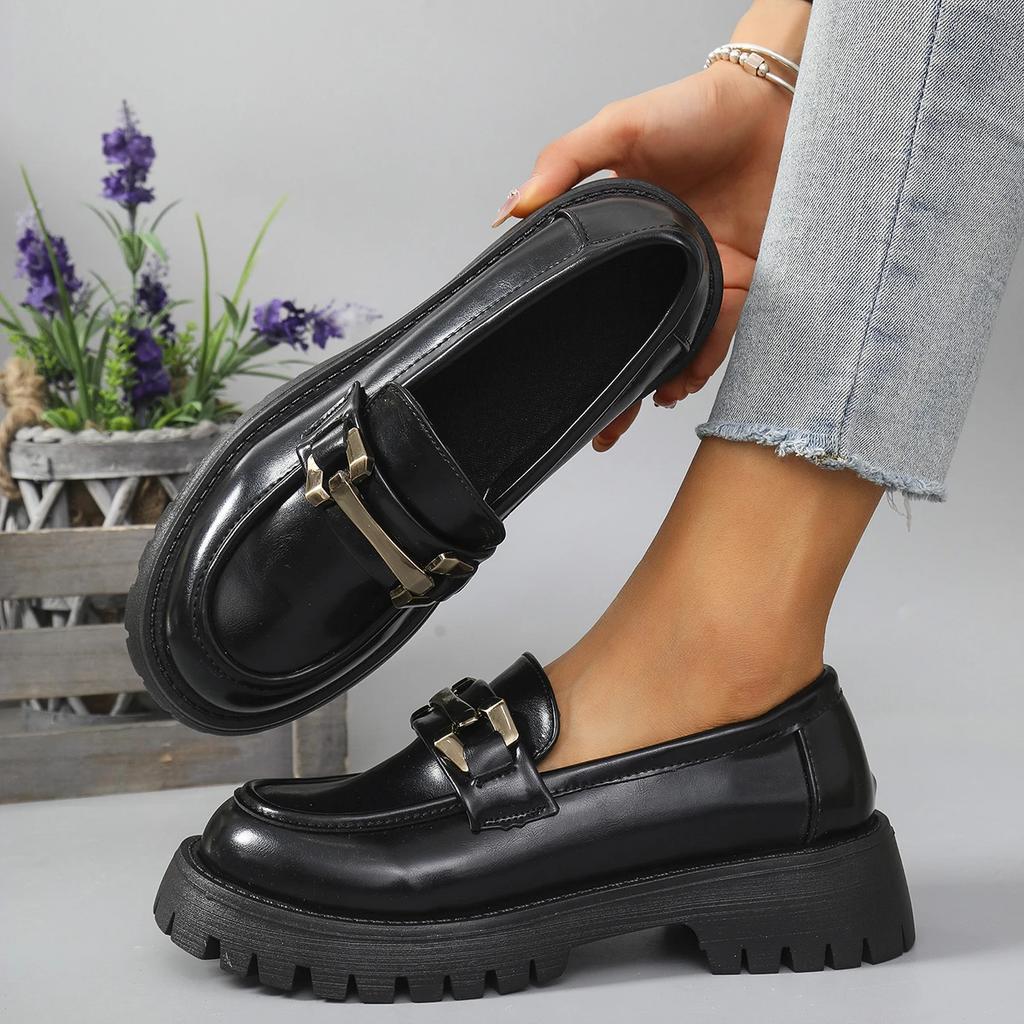 Female Shoes Women Fashion Mary Janes Round Toe Flats Loafers Oxfords Platform Casual Metal Chain Buckle Ladies Heels Black