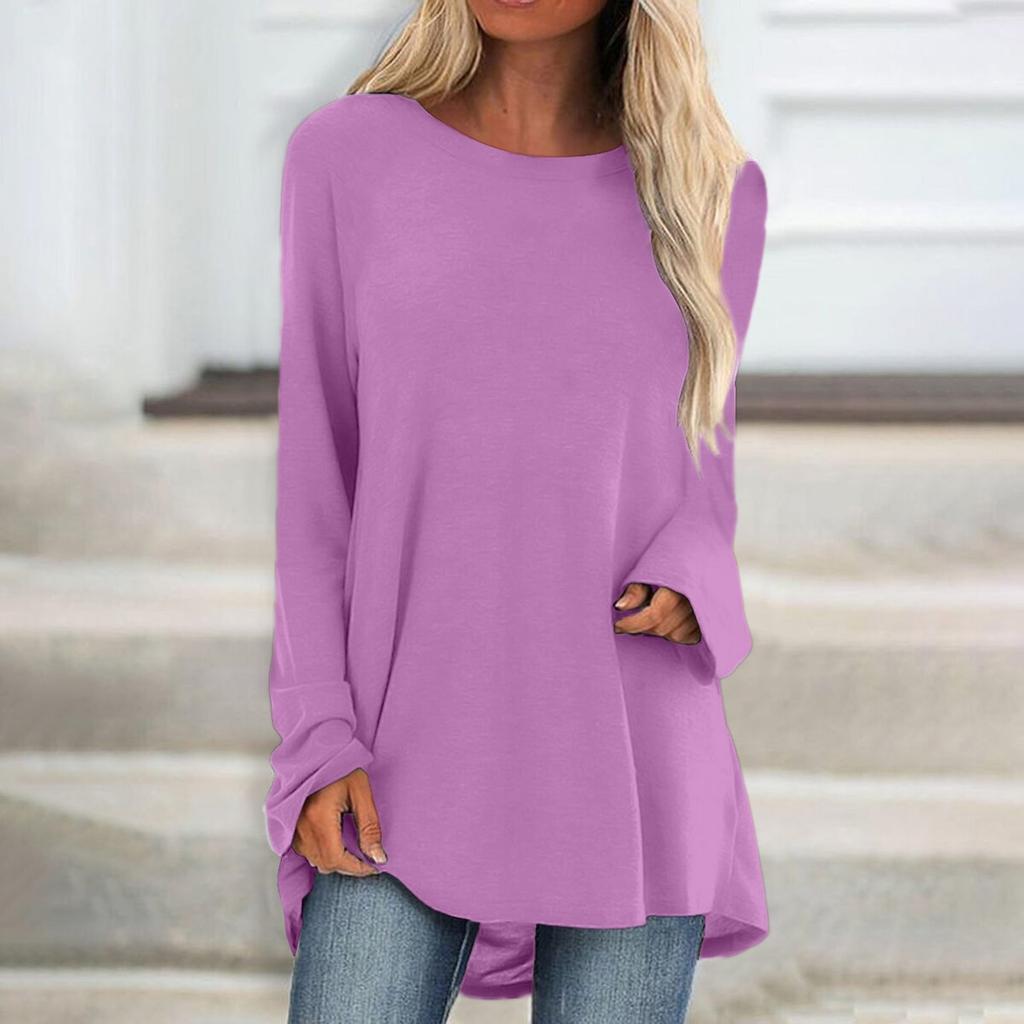 Женская модная повседневная футболка, однотонный топ с длинным рукавом и круглым вырезом, средний длинный топ