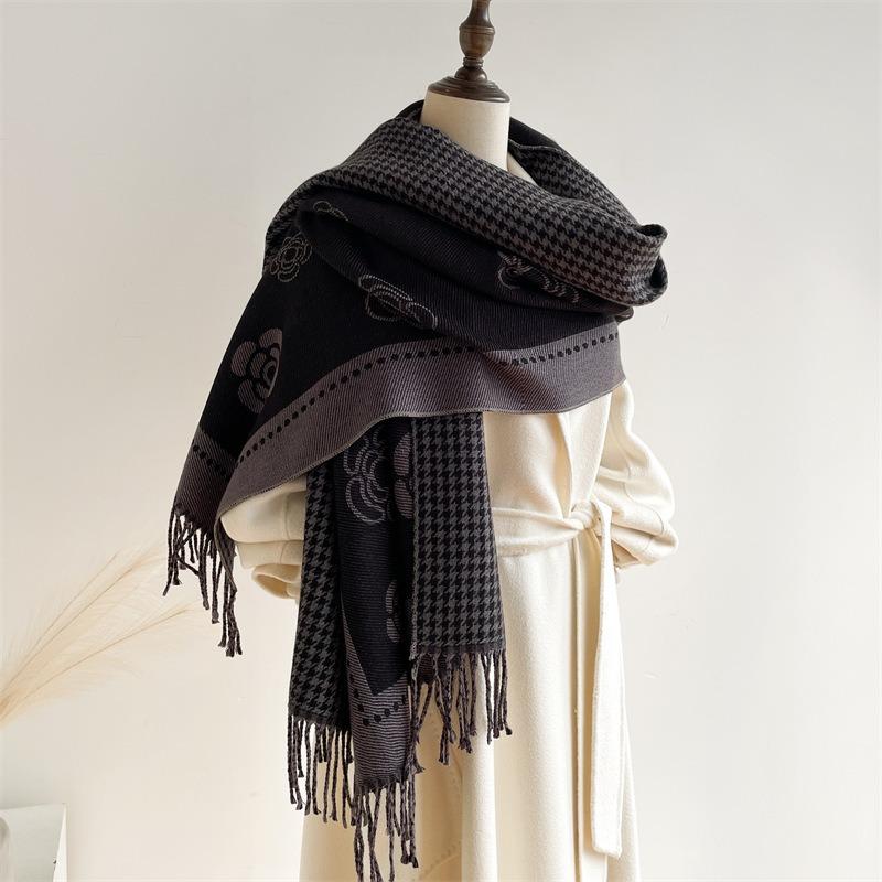 Scarf Women's Autumn and Winter New Core-spun Yarn Camellia Thousand Bird Grid Double-sided Warm Shawl Versatile Decorative Cashmere Scarf