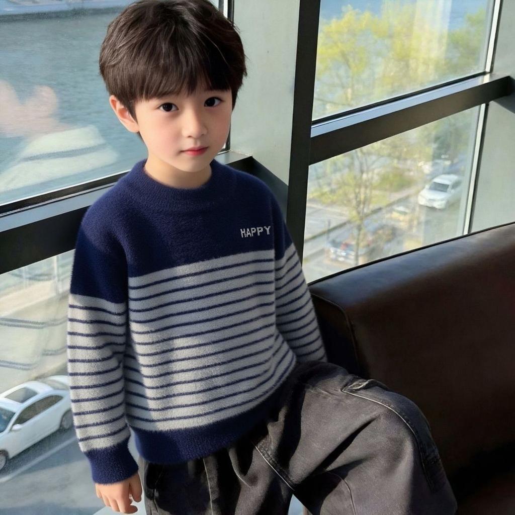 Boys' Striped Knit Sweater: Thick-Knit Children's Sweater for Fall and Winter