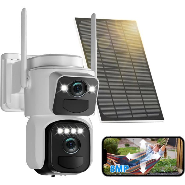 Caméra de Surveillance Extérieure Abiso 8MP WiFi, Double Objectif, Suivi Auto, Audio Bidirectionnel, Détection AI, Solaire, 360°…