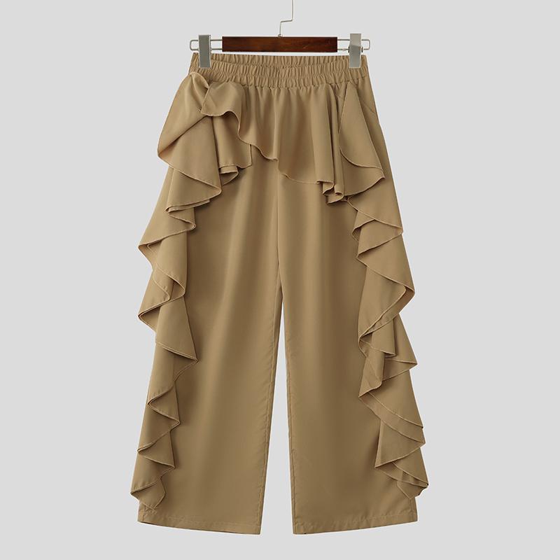 INCERUN Мужские брюки с эластичной талией, однотонные, нерегулярные, длинные брюки с оборками