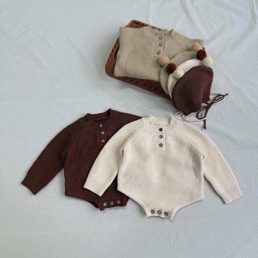 Autumn Korean Knit Romper & Cute Hat for Newborns - Unisex Snap-Crotch Sweater Romper