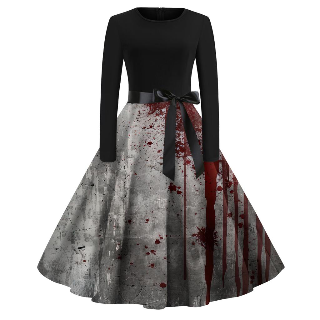 Платье-клеш с принтом на Хэллоуин для женщин с длинным рукавом, повседневные платья с круглым вырезом и ажурной отделкой