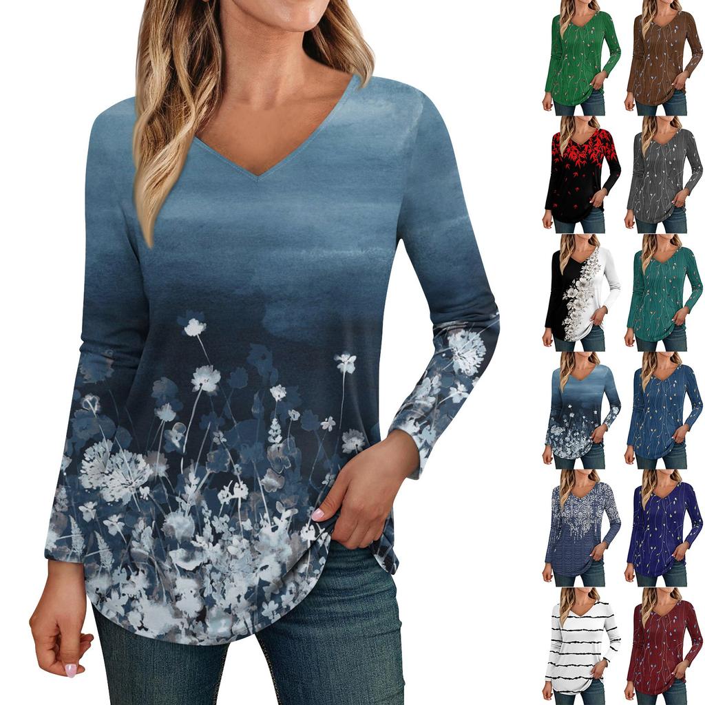 Women's Long Sleeved Retro Floral Print V-neck Top T-shirt