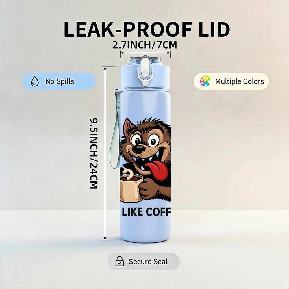 1PC Coffee Lover Wolf Cartoon 750ml Color Plastic Sports Water Bottle Leakproof Flip Straw Lid Suitable for Sports Office Home Use
