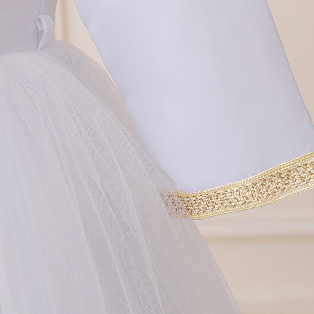 Детское вечернее платье принцессы - Длинный рукав, круглый вырез, плиссированный дизайн с сетчатой аппликацией