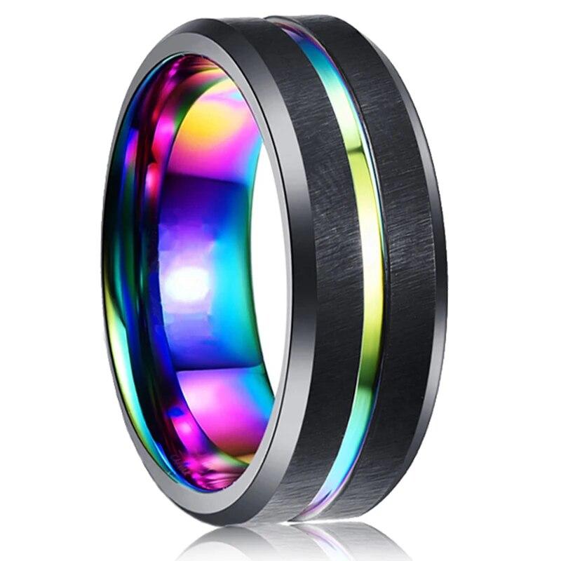 Fashion Men's 8mm Gold Color Groove Beveled Edge Tungsten Wedding Carbon Fiber Ring Punk Gear Wheel Stainless Steel Ring For Men